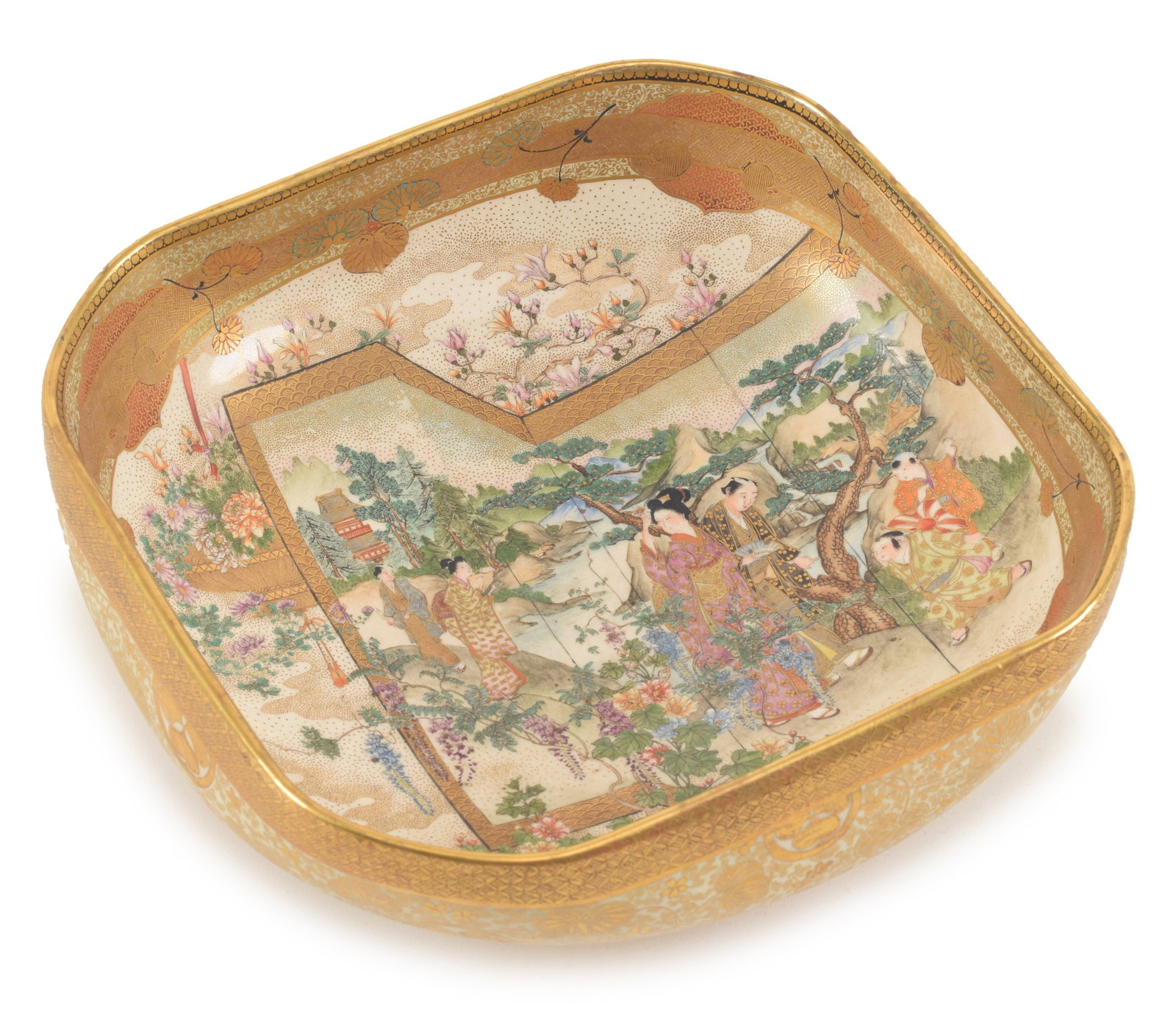 Satsuma bowl. Japan. Meiji period (1868-1912). Squared corner form. Decoration of women and children: Satsuma bowl. Japan. Meiji period (1868-1912). Squared corner form. Decoration of women and children and a border of various fruits and vegetables. Signed. 7.5 x 7.5 x 3.25in. Light gilt touch up on r