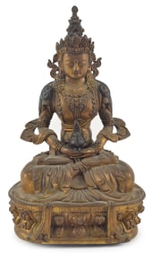 Gilt bronze figure of Amitayus. Sino-Tibetan. Chien Lung bestowed mark (1735-1796). Offerings
