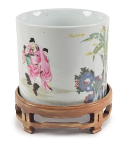 Porcelain brush pot. China. 19th century. Famille rose decoration of a landscape with an