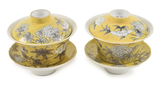 Pair of covered cups and saucers. China. Early 20th century. Ta Ya Chai ware on a yellow ground.