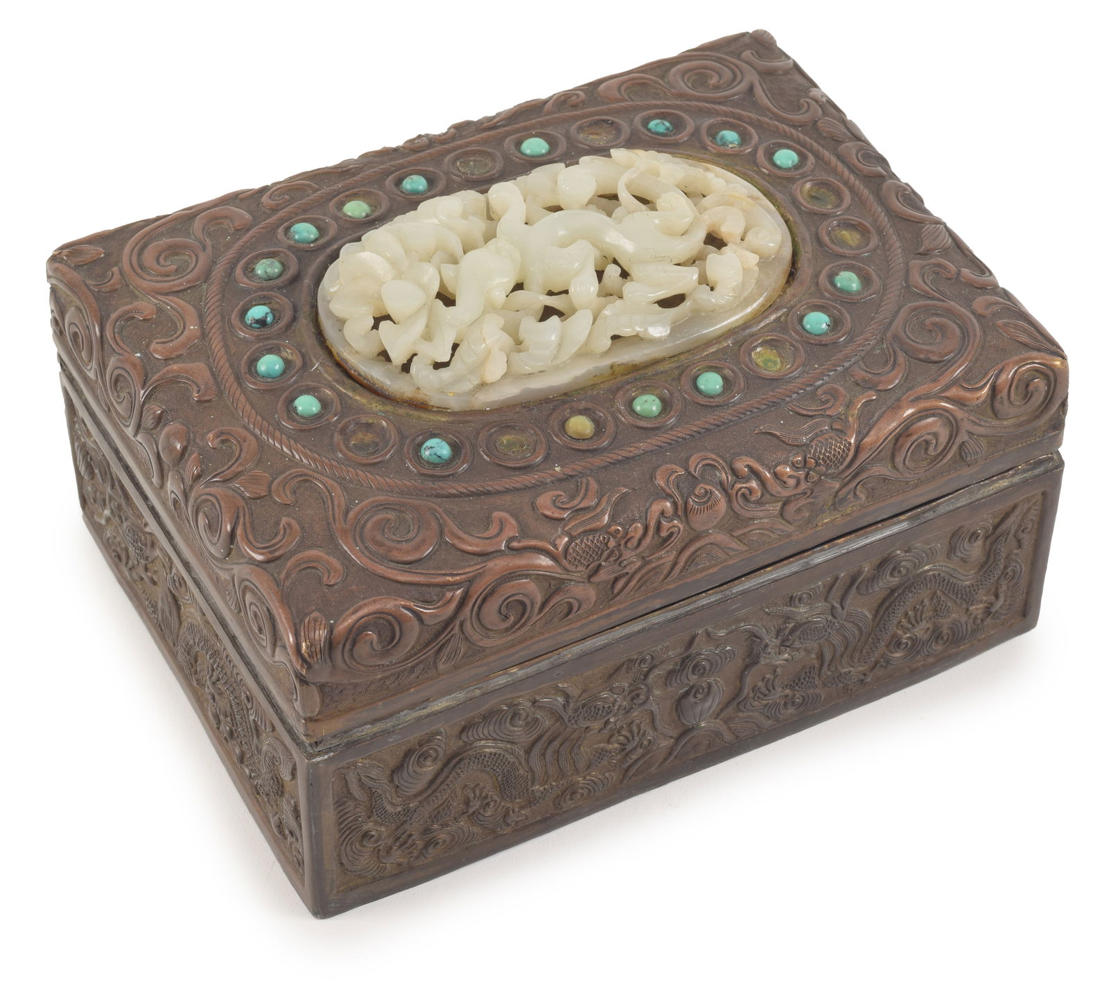 Repousse brass box. China. Early 20th century. Surface decorated with dragons and pearls. Top inset (1 of 6)