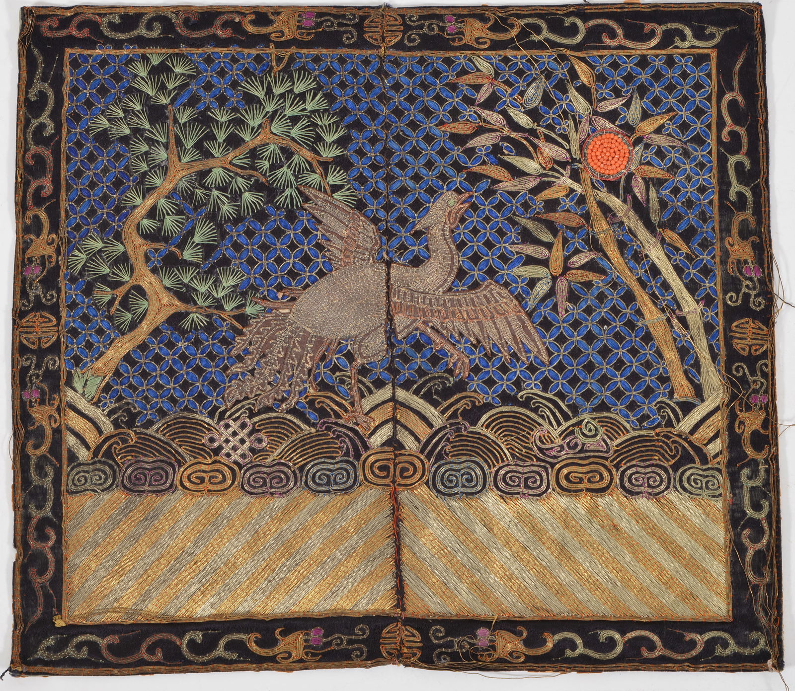 Rank badge. China. Early 20th century. Embroidered coral beads. 12 x 10.5in. (1 of 7)