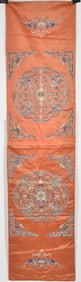 Embroidered chair cover. China. 19th century. Abstract floral designs on a scarlet orange ground.