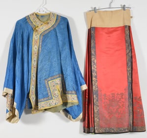 2 Textiles. China. 19th century. to include: a blue robe and a brocade skirt.