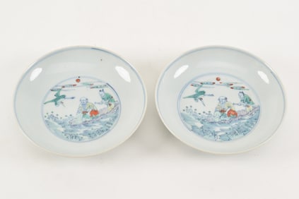 Pair of porcelain dishes. China. 18th century. Tou tsai decoration of Shao Lao. Cheng Hua marks.