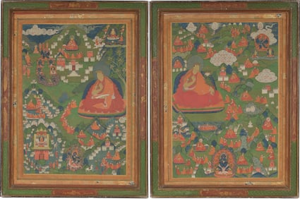 Pair of buddhist icons. Tibet. 18th century. Thangkas of pilgrimages to shrines of high lamas.