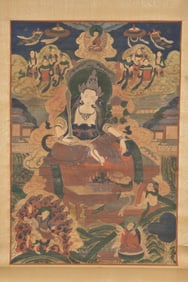 19th/20th century buddhist thangka depicting an image of the buddha of the future surrounded by