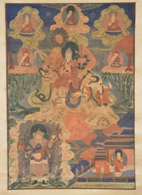 19th/20th century buddhist thangka depicting a high llama surrounded by figures. Mounted as a