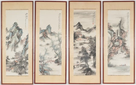[4] Chinese scroll paintings. 19th century. Figures and pavilions in mountainous landscape scenes.