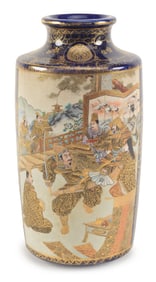 19th/20th century Japanese lacquer decorated satsuma vase with figures and warriors in landscape.