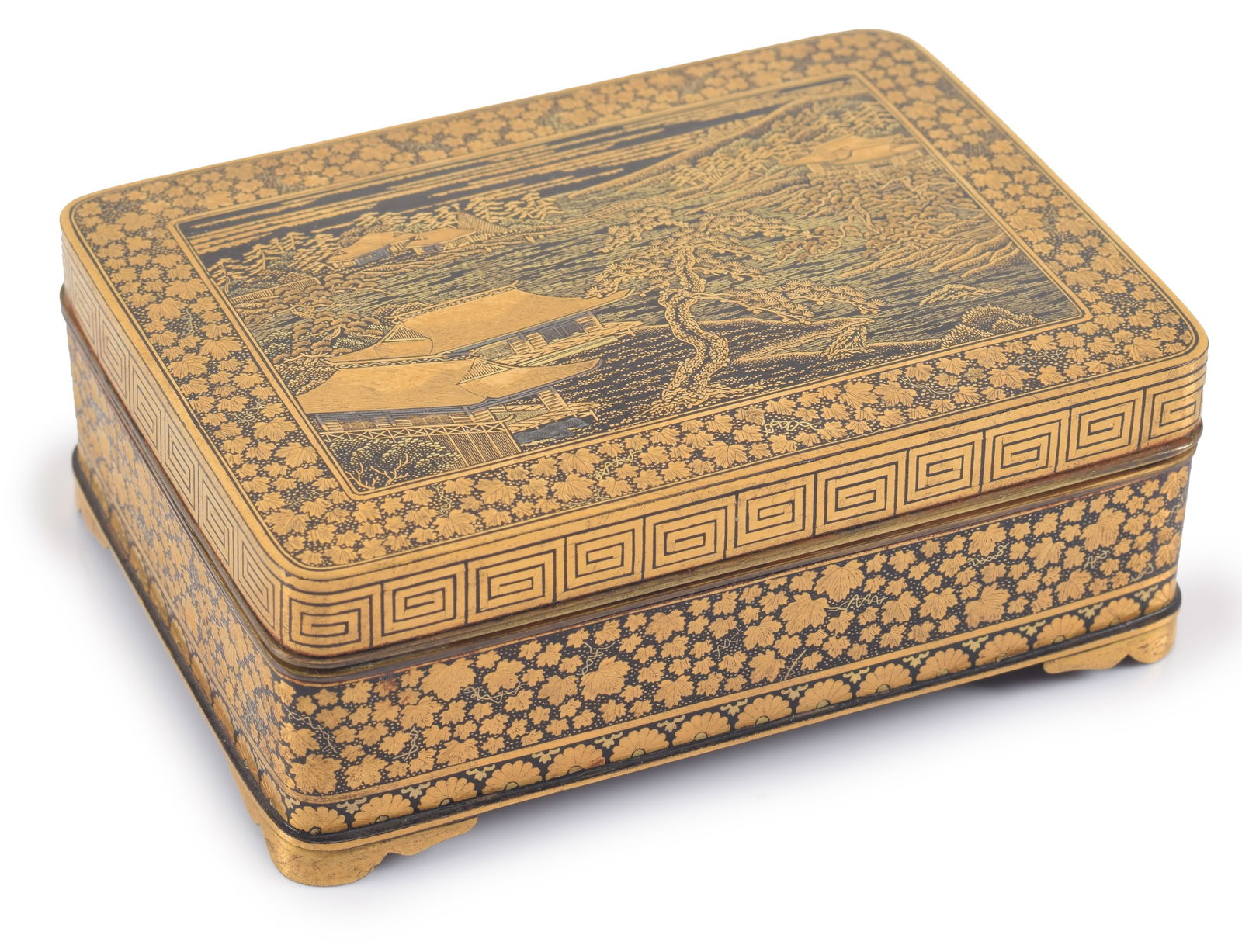 Komai box. Japan. Meiji period (1868-1912). Iron with a gold inlaid landscape and brocade borders. (1 of 6)