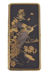 Komai card case. Japan. Meiji period (1868-1912). Gold inlaid iron with peacock, flowers, and