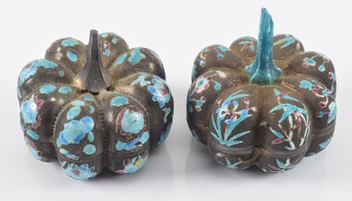 2 pumpkin shaped enameled boxes. China. Early 20th century. Near pair. Each marked differently and
