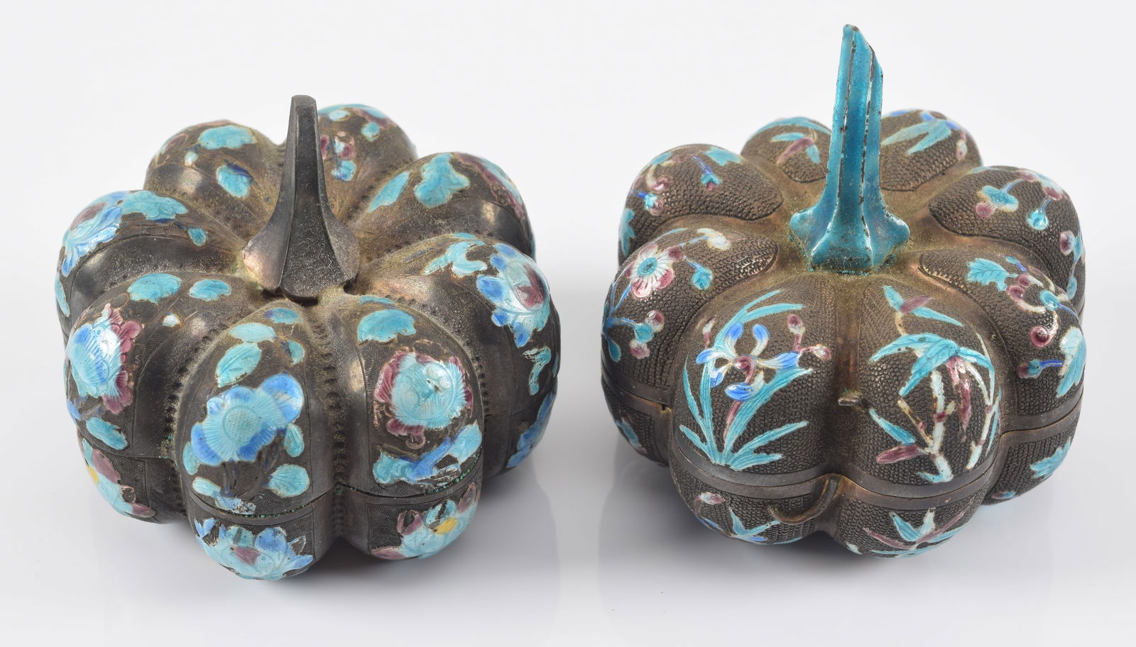 2 pumpkin shaped enameled boxes. China. Early 20th century. Near pair. Each marked differently and (1 of 9)