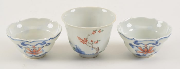 Lot of 3 porcelains. China. 19th century. to include: a Tou Tsai pair of foliate rim wine cups and a