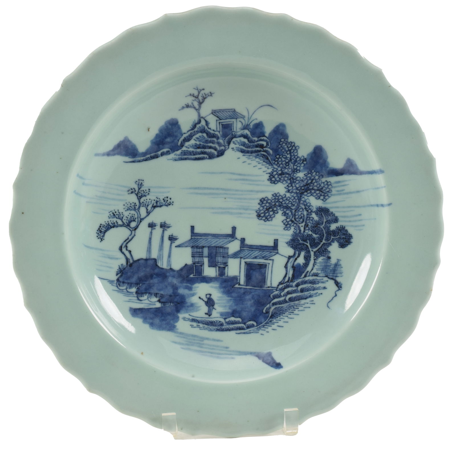 Large 19th century celadon ground footed dish with underglaze blue landscape decoration. Ming mark (1 of 3)