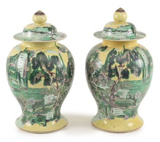 Pair of Famille Jeund porcelain jars. China. 19th century. Baluster form. Decoration of figures in a
