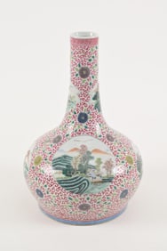 Porcelain vase. China. Late 19th/early 20th century. Bottle form. Famille verte landscape scenes on