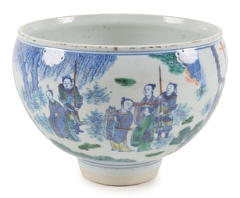 Fish bowl. China. 18th century. Wu tsai ware. Decoration of an historical scene. 9 x 6.5in. Rim