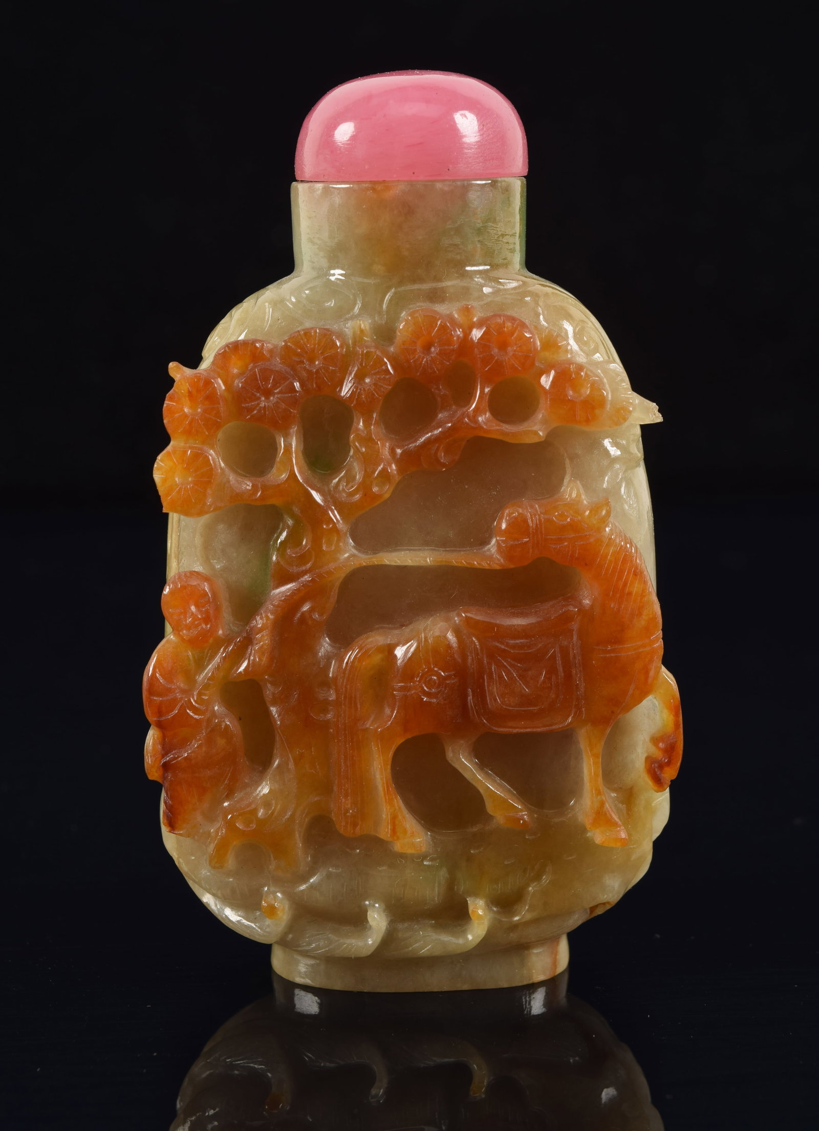 Jade snuff bottle. China. Early 20th century. Surface carved with a horse and groom. Pink tourmaline (1 of 6)
