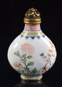Peking enamel snuff bottle. China. Chien Lung mark and period. Heavily gilt mounts. Decoration of