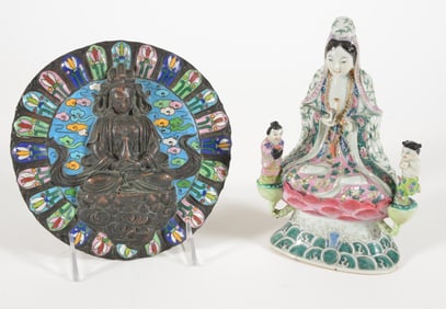 Porcelain image of the goddess of mercy Kuan Yin. China. Early 20th century. Chip. 8in. Together