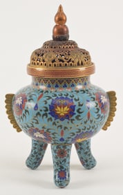 Cloisonne censer. China. 19th century. Stylized lotus scrolling on a turquoise ground. 11in.