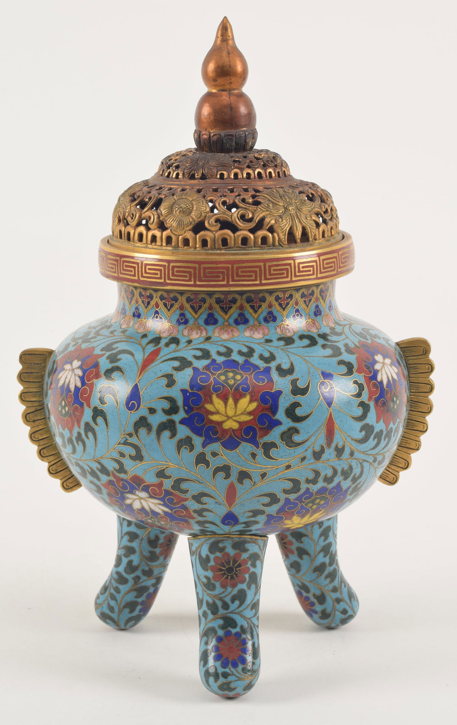Cloisonne censer. China. 19th century. Stylized lotus scrolling on a turquoise ground. 11in. (1 of 8)