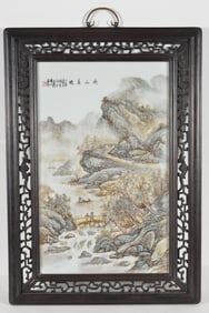 Famille verte porcelain plaque. China. Early 20th century. Decoration of a landscape with
