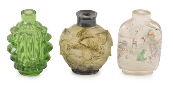 Lot of 3 Chinese snuff bottles. 1) Rock crystal interior decorated scenic landscape with figures.