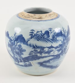 Ginger jar. China. 19th century. Oviform shape. Underglaze blue landscape decoration. 9.5 x 9.25in.