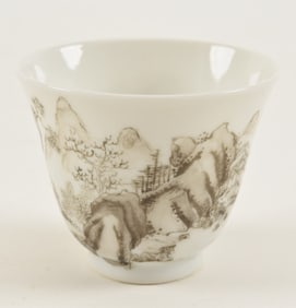 Wine cup. China. Early 20th century. Sepia decoration of a landscape. 2in. Chung Hua mark.