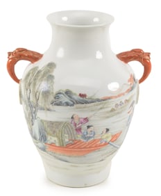 Porcelain vase. China. 20th century. Iron red and gilt dragon handles. Decoration of figures in
