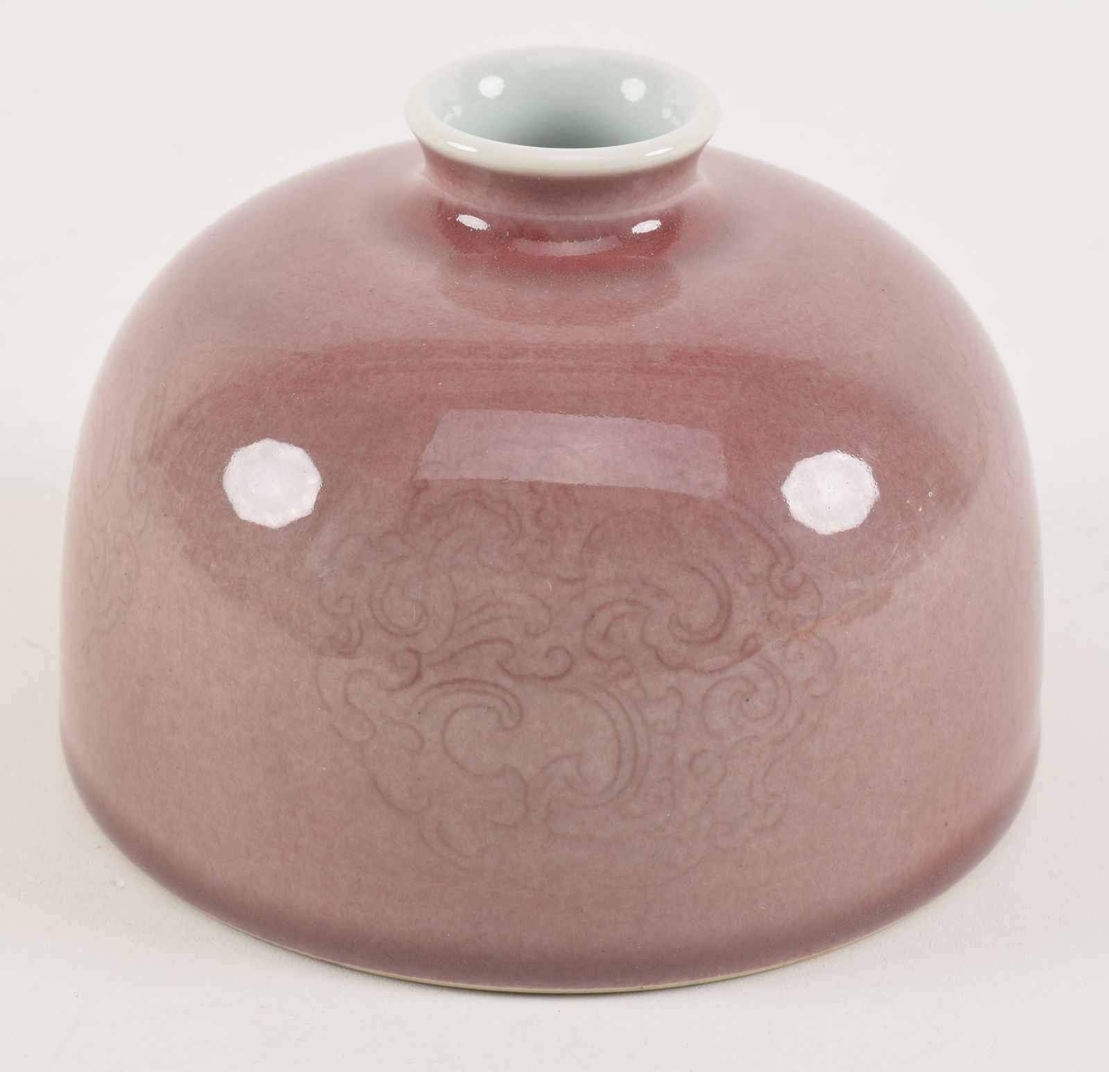 Porcelain water coupe. China. 19th century. Beehive form. Peach bloom glaze with engraved dragon (1 of 5)