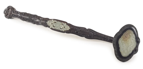 Ju-i scepter. China. 20th century. Hardwood carved with archaic motifs. Inset jade panels. 15in