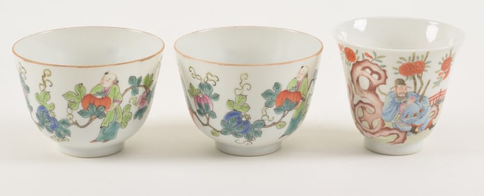 3 porcelain cups. China. 19th/20th century. Famille rose decoration of children and the immortals.
