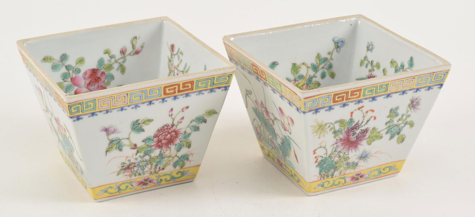Pair of porcelain bowls. China. 19th century. Square form "rice measure" shape. Famille rose (1 of 10)