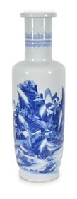 Large porcelain vase. China. 18th century. Rouleau form. Decoration of a landscape in underglaze