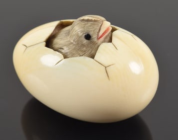 Chick in egg netsuke. Japan. 19th century. Signed. 1.5in. 1958 bill of sale.