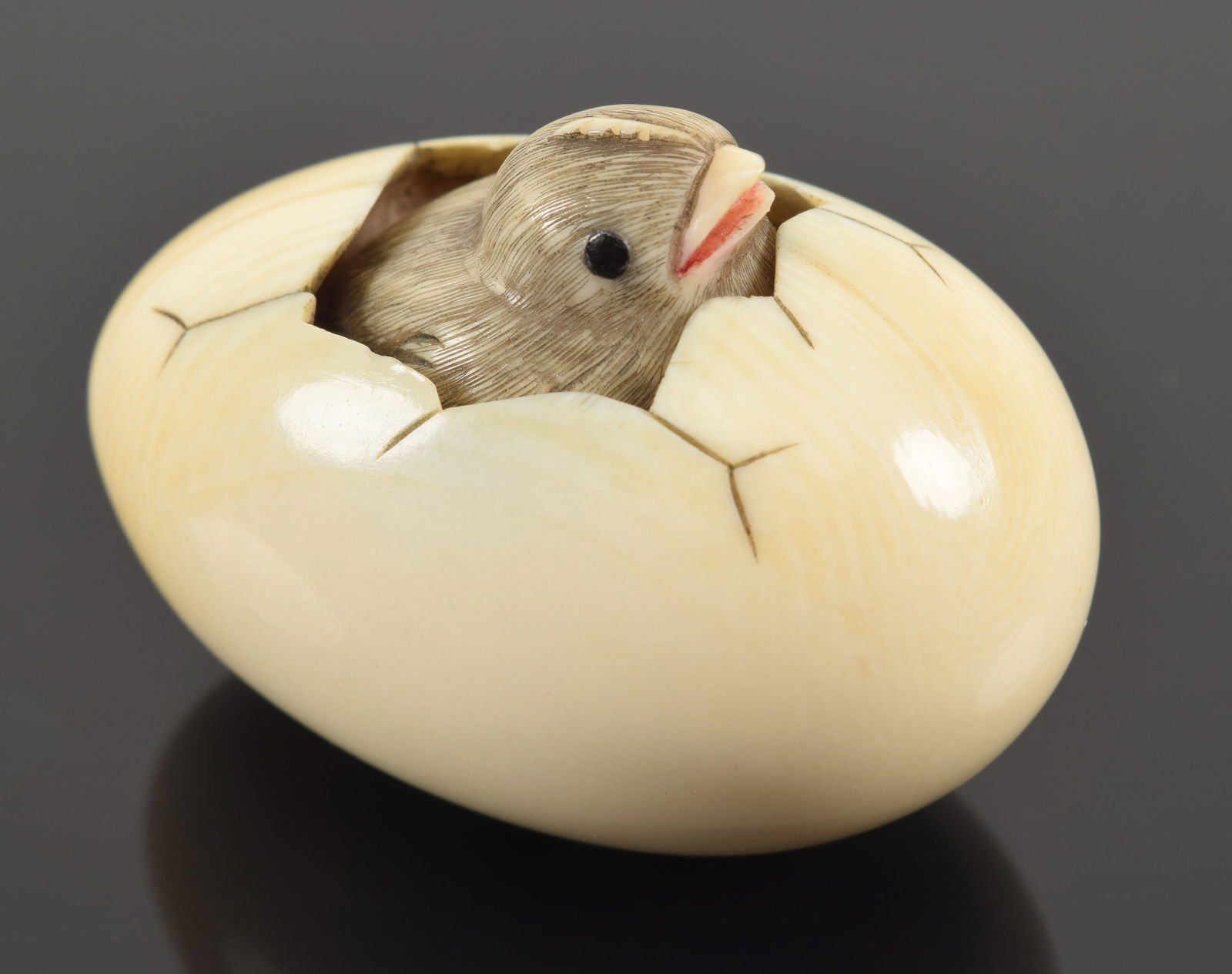 Chick in egg netsuke. Japan. 19th century. Signed. 1.5in. 1958 bill of sale. (1 of 5)