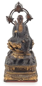 Buddhist image. Japan. 18th/19th century. High abbot seated on a lotus throne. Carved wood with