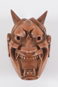Carved netsuke. Japan. 18th century. Oni mask. Signed Deme. 2.25in. 1960 bill of sale.