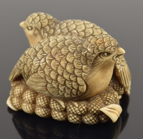 Carved netsuke. Japan. 19th century. Quail and millet. Signed. 1.5in length.
