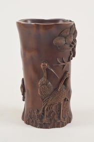 Boxwood brush holder. China. 19th century. Carved with pines and cranes. 4.75in.
