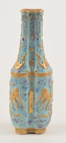 Double vase. China. 19th century. robins egg blue decoration with raised gilt decoration. Chien Lung