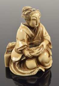 Carved netsuke. Japan. 19th century. Study of a woman. Signed Matsuyoshi. 1.5in. 1958 bill of sale.