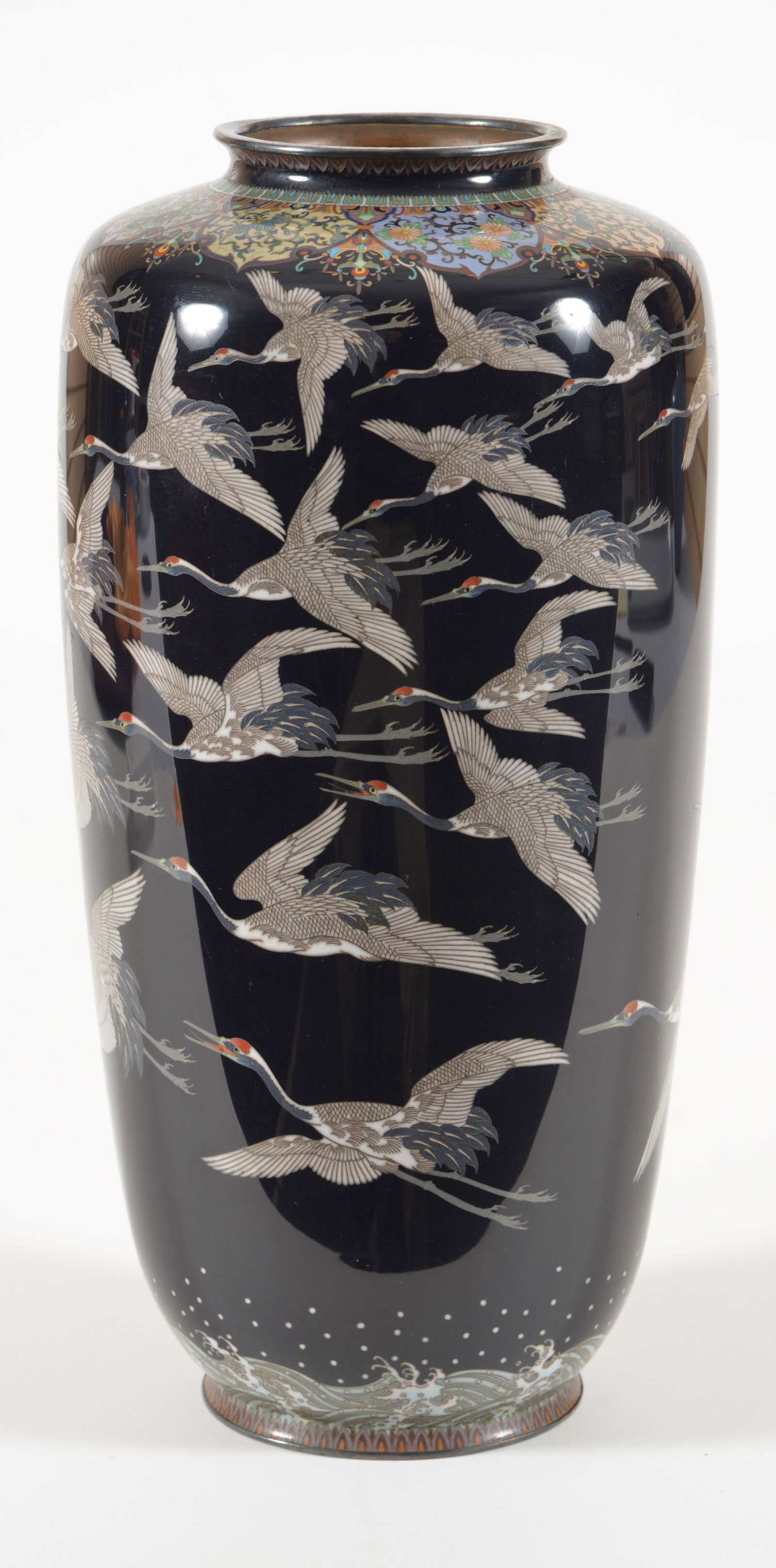 Cloisonne vase. Japan. Meiji period (1868-1912). Cranes on a black ground. Damage spot near top. (1 of 9)