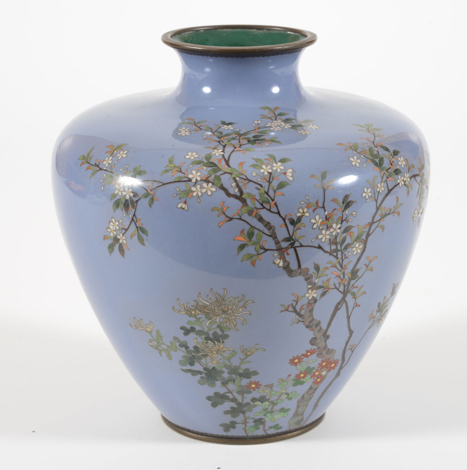 Cloisonne vase. Japan. Meiji period (1868-1912). Flowering tree on a lavender ground. 8in.: Cloisonne vase. Japan. Meiji period (1868-1912). Flowering tree on a lavender ground. 8in.