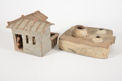 2 tomb models. China. Han period. Model of a house and a stove. 8 x 8.5 x 7in and 10 x 8in.
