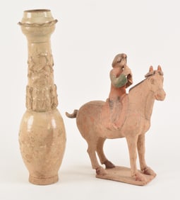Two tomb goods. To include: a Yueh burial urn and a Tang style horse and rider. 19in and 14in.